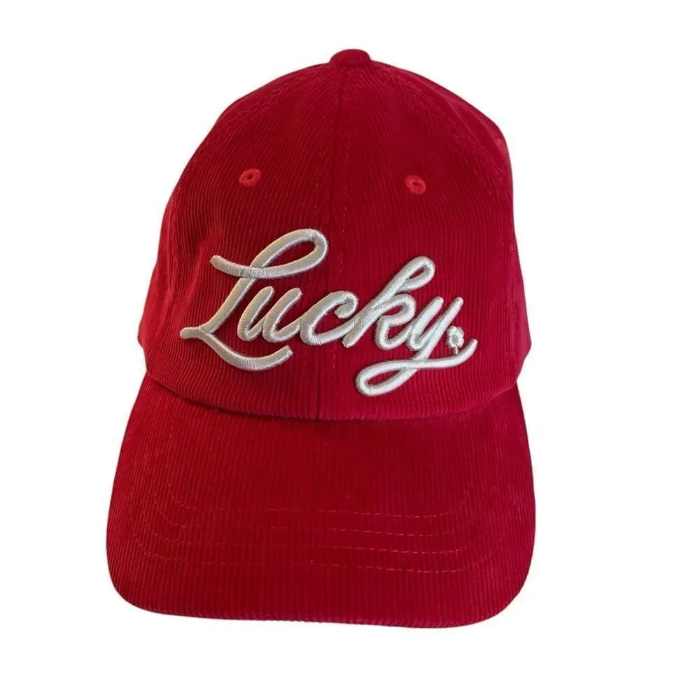 Embroidered Lucky Red Corduroy Cap.